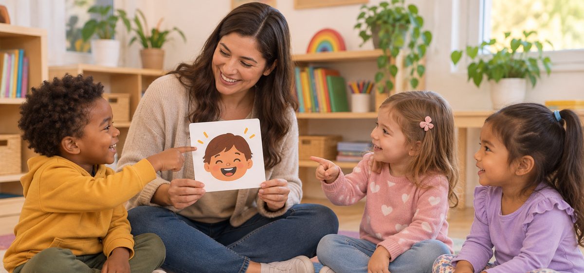 Une enseignante assise en cercle avec trois enfants, qui leur montre une carte d'émotion